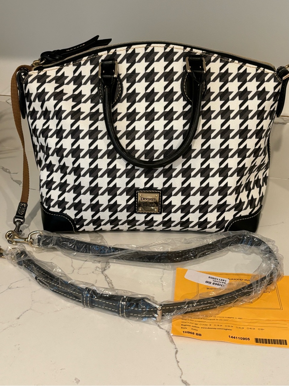 Dooney & Bourke Houndstooth Domed Satchel Black White with Crossbody Strap